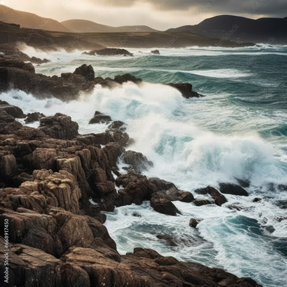 Stormy sea with waves crashing against a rugged
Stormy sea with waves crashing against a rugged