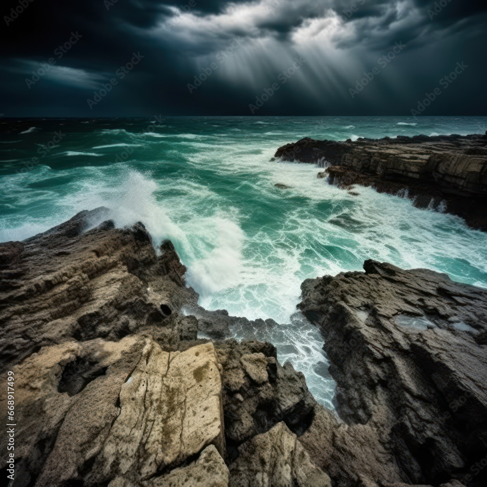  Intense storm clouds over a rugged coastline 
