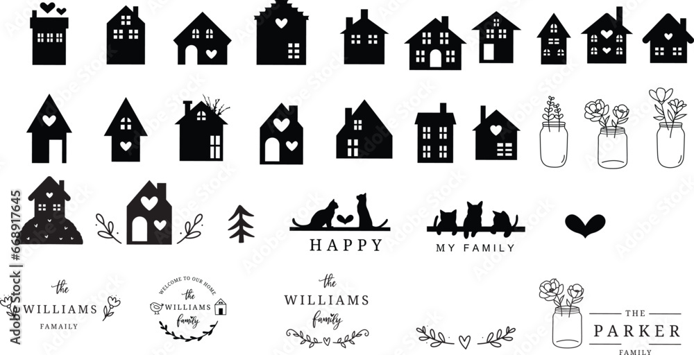 Family last name home logo Banner silhouette wreath flowers house sign with cat cartoon flower vase hand drawn doodle style vector illustration