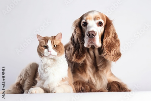 A peaceful moment of furry companionship between a dog and cat, as they sit together with adorable expressions. - AI Generative