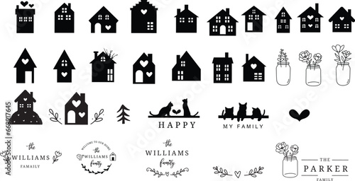 Family last name home logo Banner silhouette wreath flowers house sign with cat cartoon flower vase hand drawn doodle style vector illustration © artdee2554