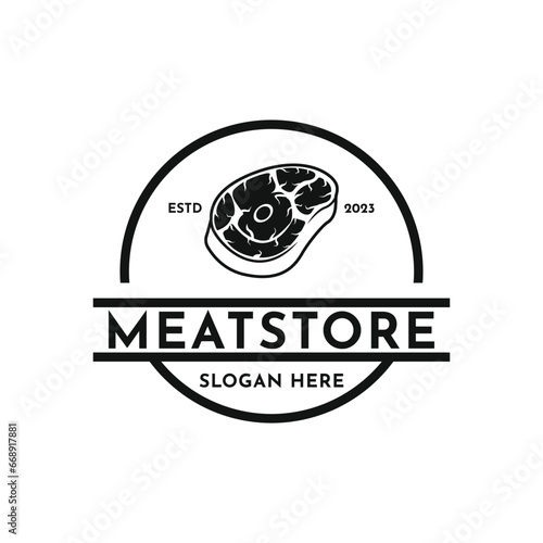Vintage meat store logo design with hipster drawing style