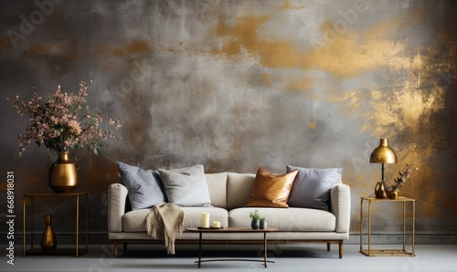 Luxury light interior of living room with gold wall and chic expensive furniture in white and gold colors