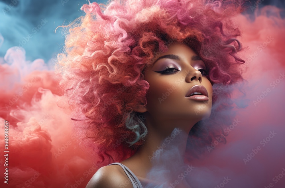 Abstract fashion makeup concept with caucasian girl in purple pink cloud of smoke on isolated pastel blue background. Close-up portrait of top model
