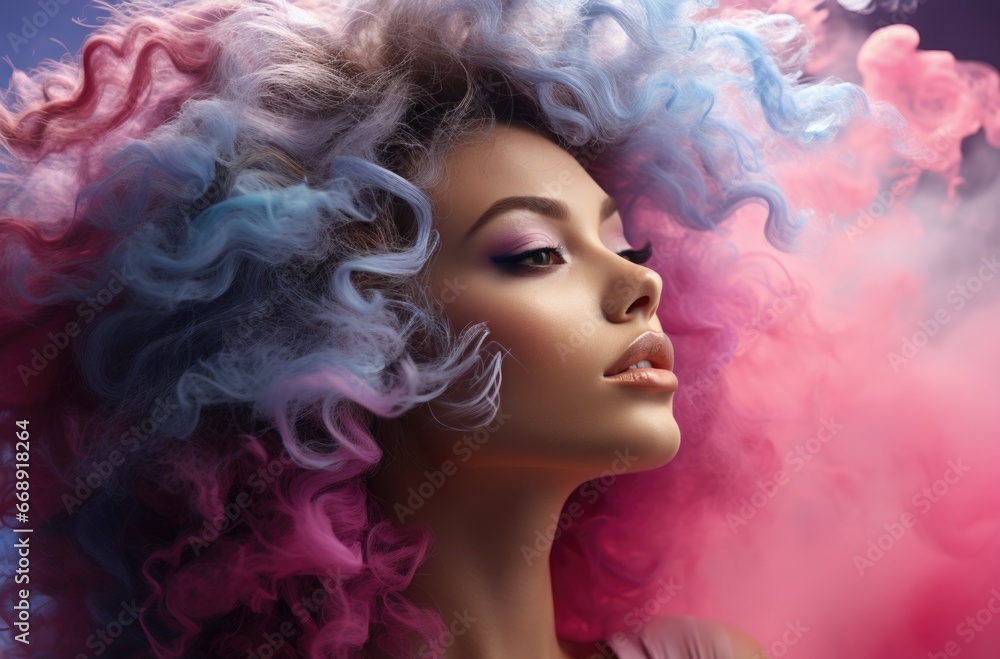 Abstract fashion makeup concept with caucasian girl in purple pink cloud of smoke on isolated pastel blue background. Close-up portrait of top model