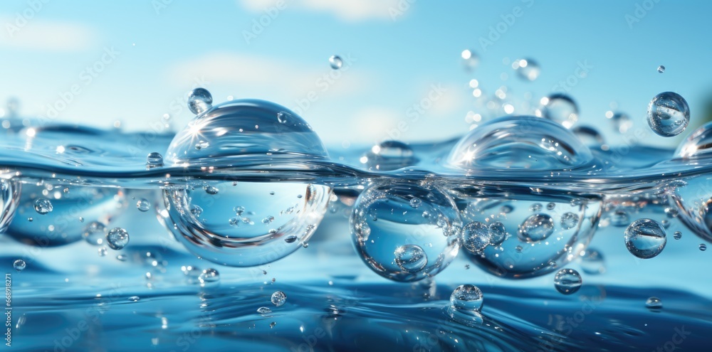Water drops or oil bubbles on blue background. Droplets panorama picture. Water drops or oil bubbles on blue background. Droplets panorama picture.