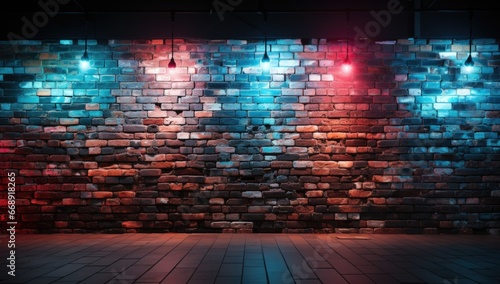 Neon light on brick walls that are not plastered background and texture. Red and blue neon