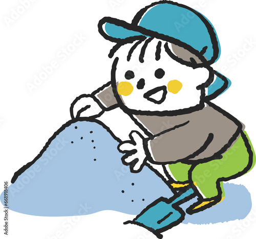 砂場で楽しそうに砂遊びをする小さい子供　イラスト素材	
