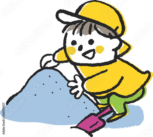 砂場で楽しそうに砂遊びをする小さい子供　イラスト素材	
