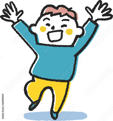 万歳と飛び上がる小さい子供　イラスト素材	
