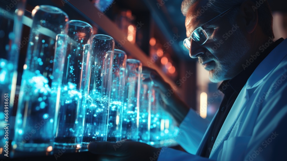 scientist holding medical testing tubes or vials of medical pharmaceutical research with blood cells and virus cure using DNA genome sequencing biotechnology - obrazy, fototapety, plakaty 