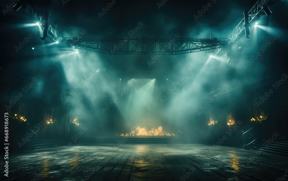 Concert stage with spotlights Beautiful and magnificent, with fog, spotlights, green and blue