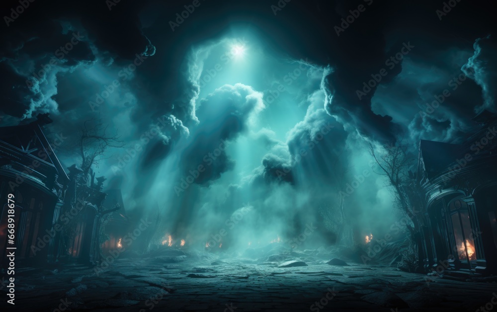 Concert stage with spotlights Beautiful and magnificent, with fog, spotlights, green and blue