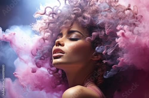 Abstract fashion makeup concept with caucasian girl in purple pink cloud of smoke on isolated pastel blue background. Close-up portrait of top model