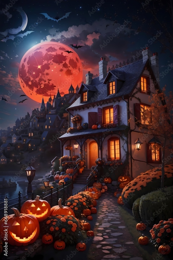 magical halloween painting perfect flowers scary halloween pumpkins, france homes starry night red full moon