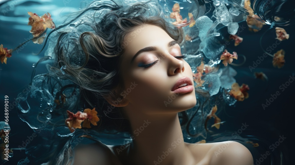 Young woman Girl in abstract smoke and water drops Fashion spa salon advertising. Abstract fashion concept