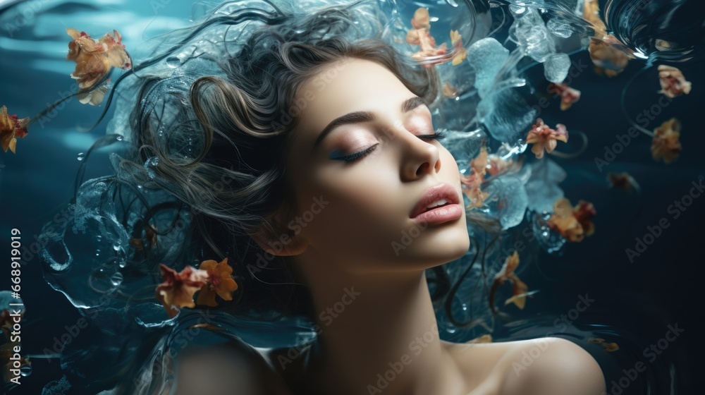 Young woman Girl in abstract smoke and water drops Fashion spa salon advertising. Abstract fashion concept Young woman Girl in abstract smoke and water drops Fashion spa salon advertising. Abstract fashion concept