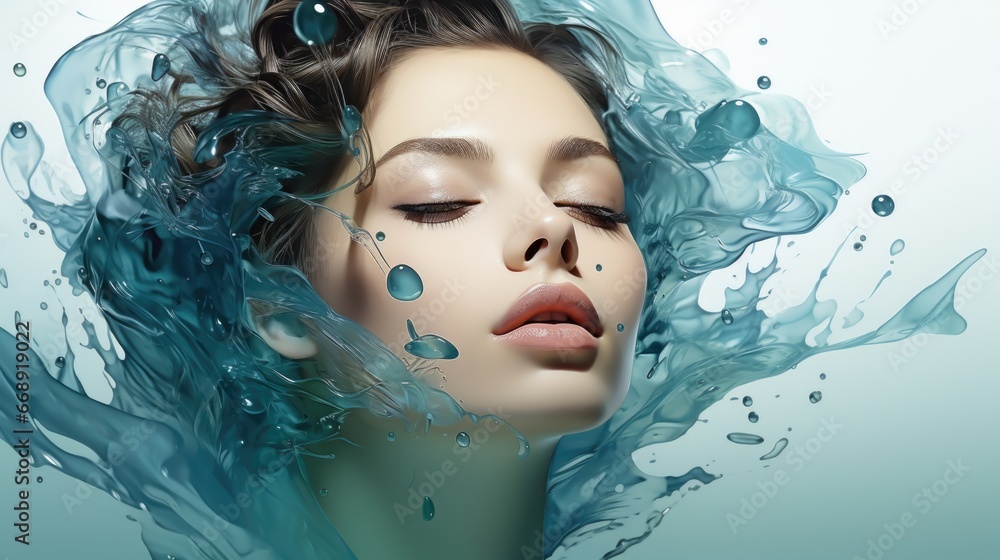 Young woman Girl in abstract smoke and water drops Fashion spa salon advertising. Abstract fashion concept