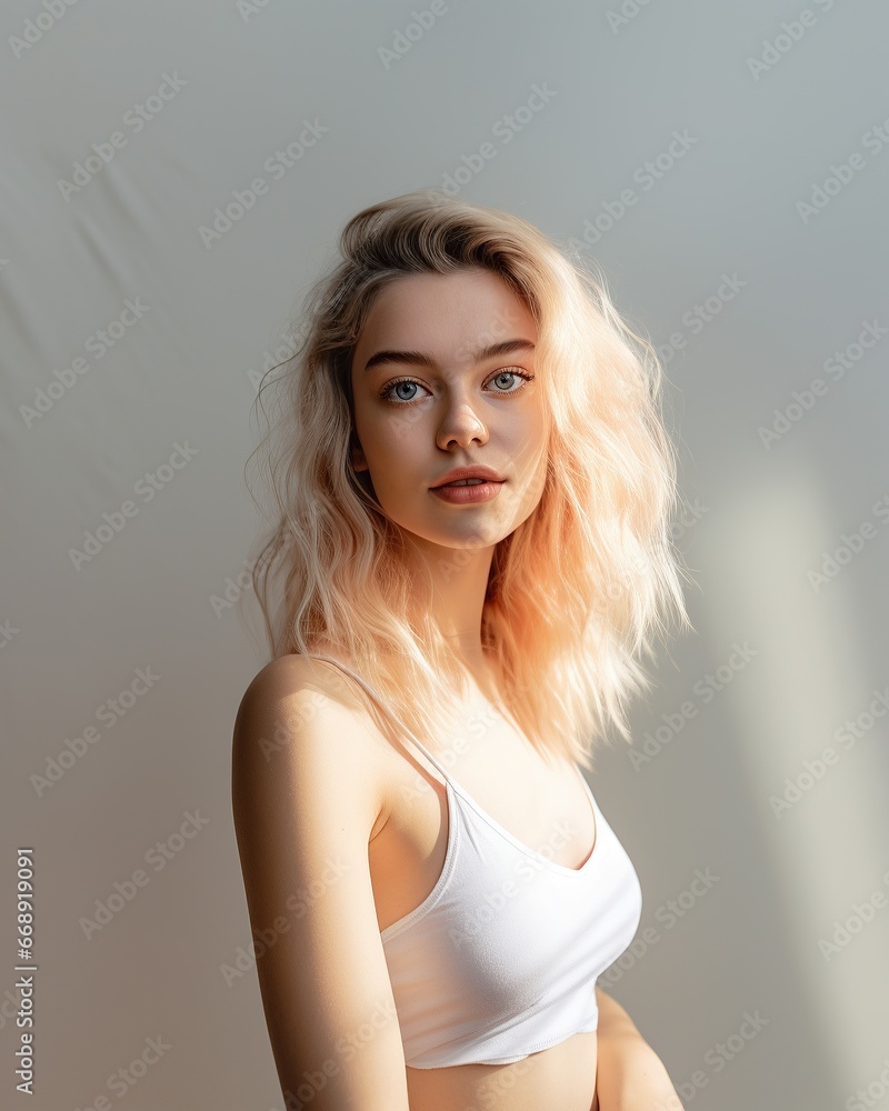 Beauty model young girl, photo blonde girl with perfect skin on studio background, skin care model concept Beauty model young girl, photo blonde girl with perfect skin on studio background, skin care model concept