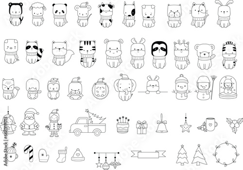 Christmas cartoon set animal cartoon,x mas 
Woodland Animals Coloring Forest , animal cartoon,Head Animal, Big collection of decorative for kids,baby characters, card,hand drawn, cartoon style.vector