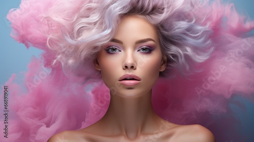 Abstract fashion makeup concept with caucasian girl in purple pink cloud of smoke on isolated pastel blue background. Close-up portrait of top model © loran4a