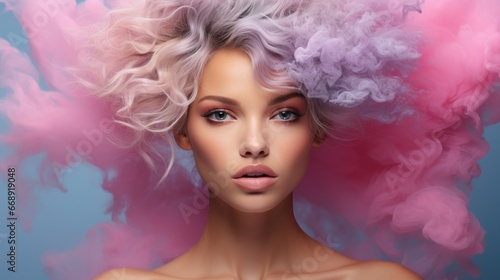 Abstract fashion makeup concept with caucasian girl in purple pink cloud of smoke on isolated pastel blue background. Close-up portrait of top model