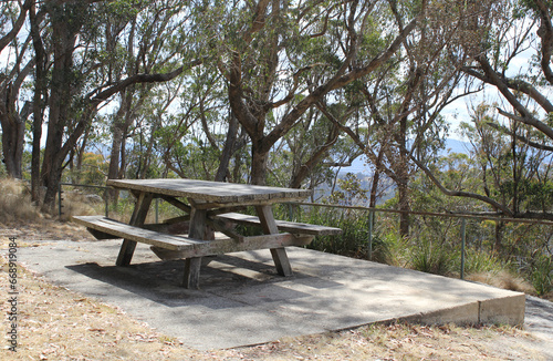 Picnic table under trees at the Mount Mackenzie Scenic Lookout near Tenterfield in New South Wales, Australia