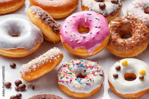 Different tasty glazed donuts on white background. Generative AI illustration