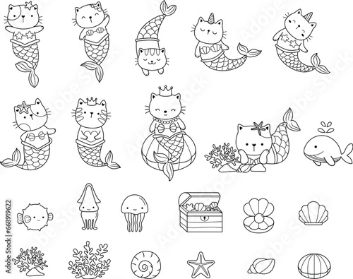 Photography Mermaid Cat  Big set outline hand drawn style, cute animal aquatic animals  ocean sea  printing,card, t shirt,banner,product