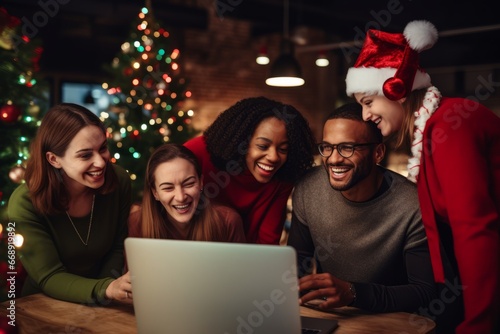 A Group of Diverse Colleagues Gathered Around a Laptop in a Festive Office, Engrossed in Watching a Business Holiday Message Video