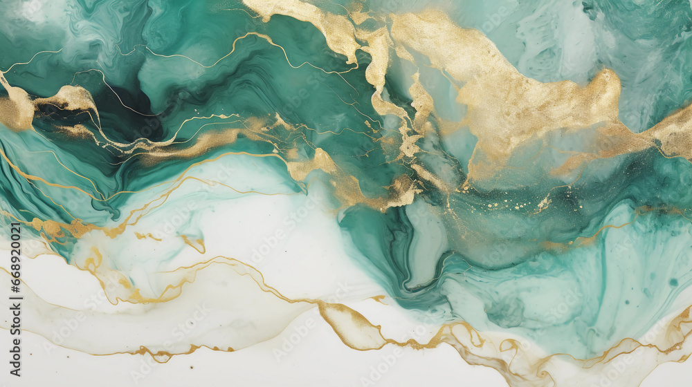 Modern green marble with gold texture, Watercolor abstract background, Nordic emerald green and gold for decorative, 3D painted artificial marbled surface, Generated AI. - obrazy, fototapety, plakaty 