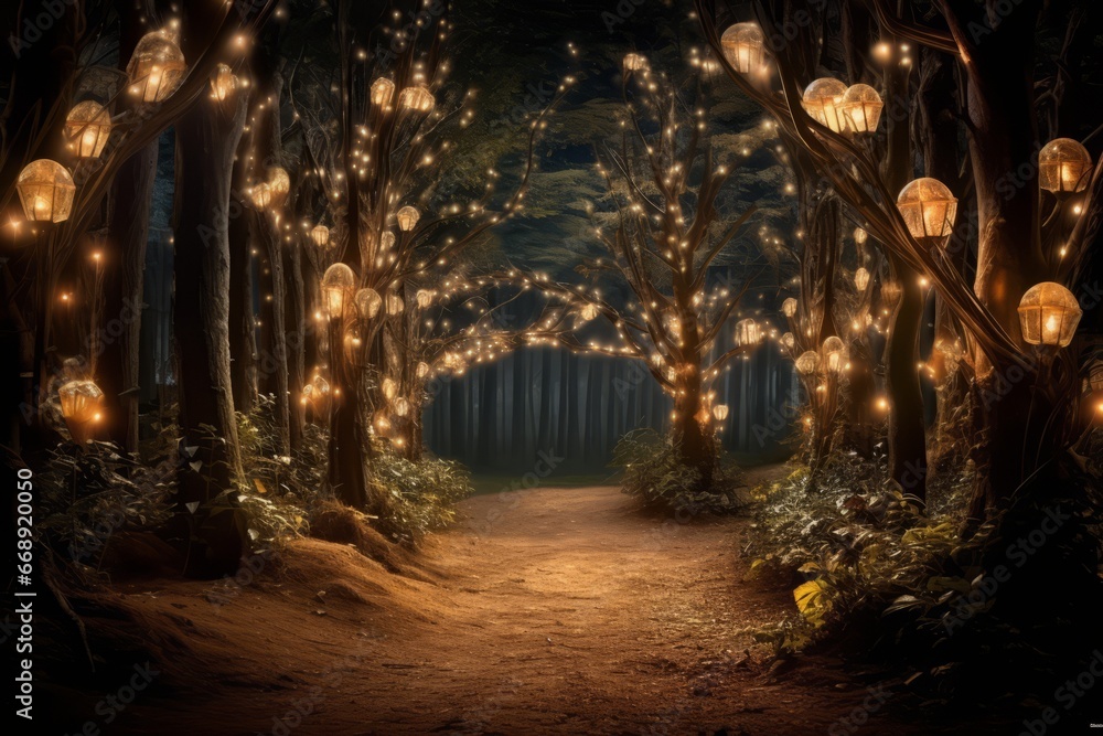 A Magical Night in the Forest: Illuminated Trees Dressed in Twinkling Fairy Lights Creating a Dreamlike Atmosphere