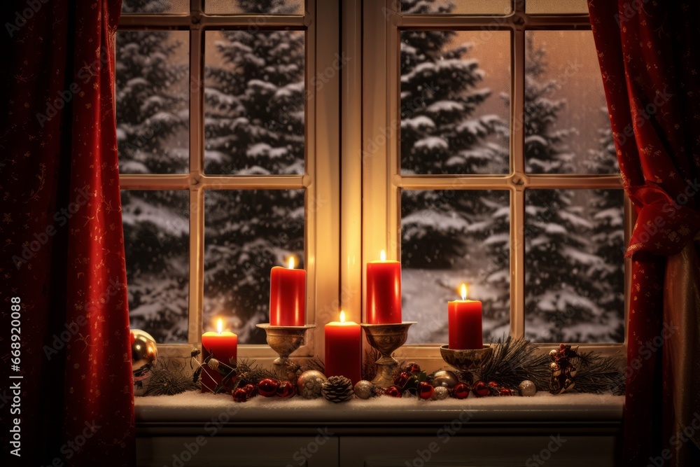 A Warm Christmas Eve Scene with Red Candles Illuminated on a Snowy Window Sill, Casting a Soft Glow on the Festive Decorations