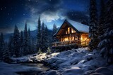 A serene winter wonderland featuring a quaint, snow-covered cabin nestled amidst the whispering woods, under a blanket of twinkling stars
