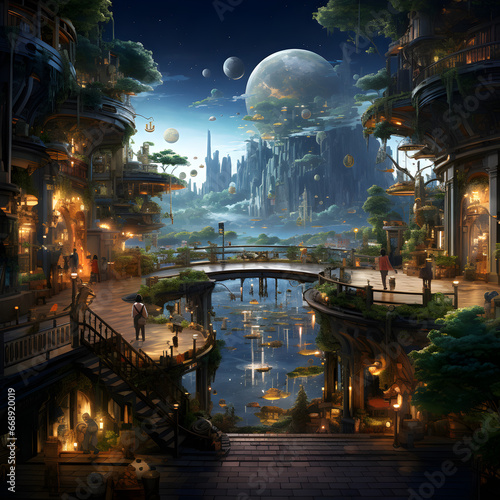 Image of a futuristic fantasy world, architecture, city, fantasy, fictional, sky, moon, trees, river, AI generate. © PHAP