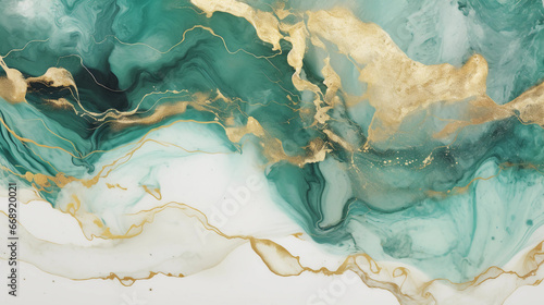 Modern green marble with gold texture, Watercolor abstract background, Nordic emerald green and gold for decorative, 3D painted artificial marbled surface, Generated AI. © Sunshinemeee