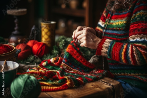 Aged hands skillfully knitting a festive Christmas scarf, with vibrant red and green yarn, amidst the cozy ambiance of a warm holiday evening
