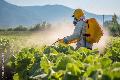 A farmer is spraying pesticides on a field with vegetable plants photo