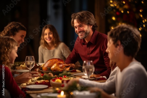 A Joyful Family Gathering Around the Dining Table  Anticipating the Moment of Carving the Christmas Turkey