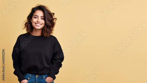 An Indian woman wearing black sweatshirt isolated on pastel background photo