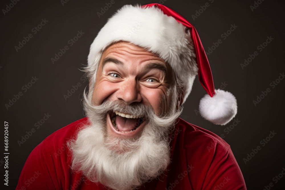 A playful portrait of a man in the holiday spirit, donning a red and white Santa hat, winking mischievously at the camera with a twinkle in his eye A playful portrait of a man in the holiday spirit, donning a red and white Santa hat, winking mischievously at the camera with a twinkle in his eye