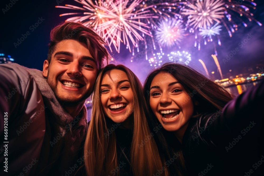 A Joyful Gathering of Friends Capturing a Group Selfie with the Spectacular Display of Fireworks Lighting Up the New Year's Eve Sky
