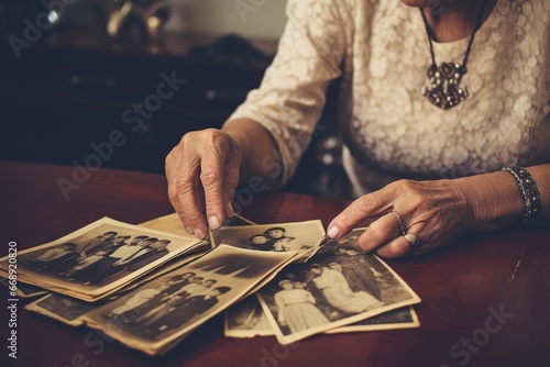 A poignant moment captured as an elderly woman looks nostalgically at a photo album, reminiscing about the past and the memories it holds photo