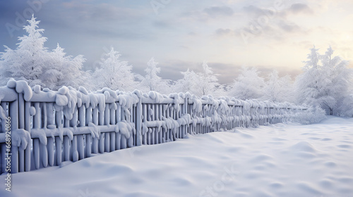 The frigid winter sky enveloped the frost-covered fence, as if a blizzard had frozen time in this breathtaking outdoor landscape of nature and cold