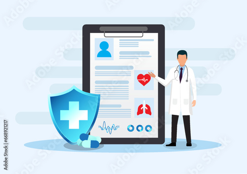 Healthcare technology, doctor standing explaining treatment On the back is an information sheet along with the pills. It refers to doctors who quickly diagnose disease and cure patients' symptoms.