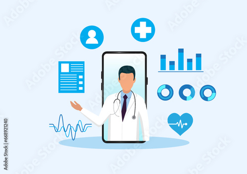 Healthcare technology, doctor speaking on mobile screen along with interesting elements It communicates modern medical technology for patients to receive basic treatment before entering the hospital.