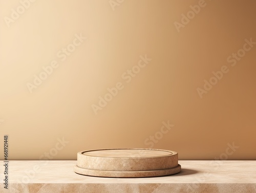 podium for photo product display in beige natural stone with soft light