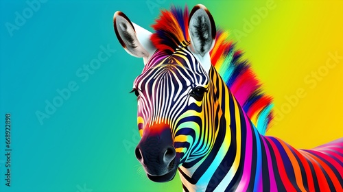Creative fantasy animals. Rainbow zebra with colored stripes on a bright background. Generative AI