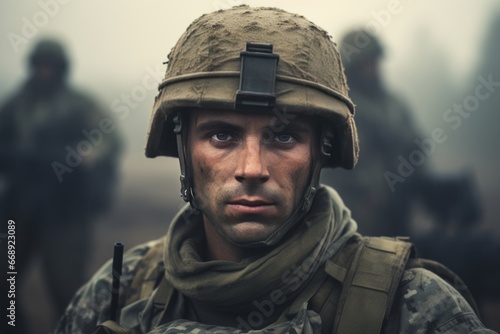 Resolute face of a army resisting colonizers, staring fiercely at the camera generative ai photo