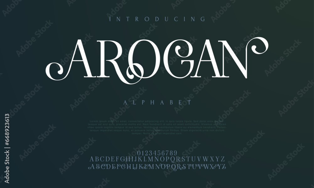 Arogan premium luxury elegant alphabet letters and numbers. Elegant wedding typography classic serif font decorative vintage retro. Creative vector illustration Arogan premium luxury elegant alphabet letters and numbers. Elegant wedding typography classic serif font decorative vintage retro. Creative vector illustration